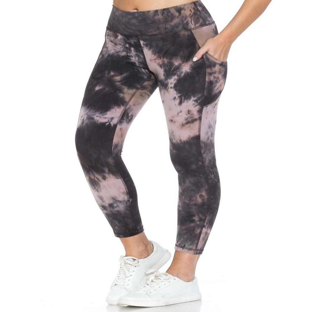 Women Premium 240GSM 7/8 Length Active Leggings w/Pockets Tie Dye Blk/Mauve S-XL
